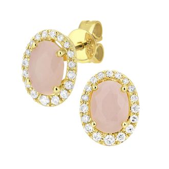 Diamant L'éternel Womens 9ct Yellow Gold Diamond and Pink Opal Gemstone Oval Cut Stud Earrings - One Size