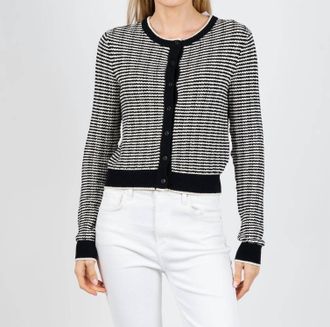 White + Warren Boucle Cardigan In Midnight/ivory Stripe