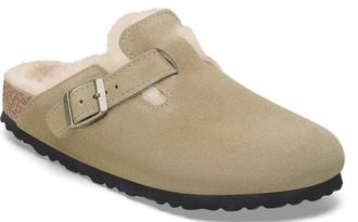 Birkenstock Womens Boston Suede Shearling Clogs In Taupe