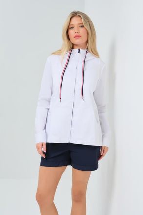 Anatomie Gabi Stretch Woven Hooded Full Zip Jacket in White W/Red & Navy Stripe at Nordstrom, Size X-Large