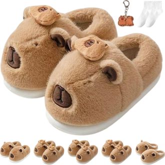 Generic Capybara Slippers, Plush 3D Cartoon Capibara Shoes, Warm Fluffy Soft Anti-Slip Cute Design Comfortable for Women Men (C, UK, Adult, Women, 3.5, Numeri