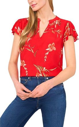 CeCe by Cynthia Steffe V-neck Shirred Neck Flutter Sleeve Blouse Womens Clothing Fiery Red : XL, Viscose