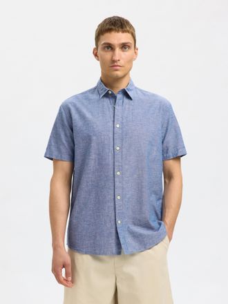 Selected Kurzarmhemd SELECTED SLHREG-SUN SHIRT SS NOOS, Herren, Gr. S, N-Gr, blau (medium blau denim), Web, Obermaterial: 71% Baumwolle, 29% Leinen, unifarben,
