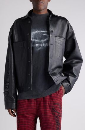 Balenciaga Logo Leather Shirt Jacket in 1000 Black at Nordstrom, Size Medium