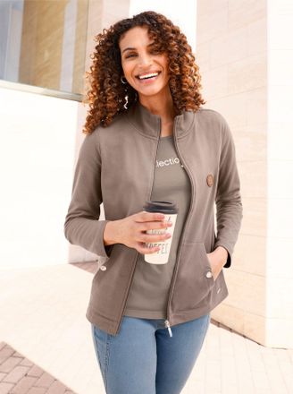 Casual Looks Shirtjacke CASUAL LOOKS Sweatjacke, Damen, Gr. 36, grau (taupe), 100% Baumwolle, unifarben, Shirts Shirtjacke