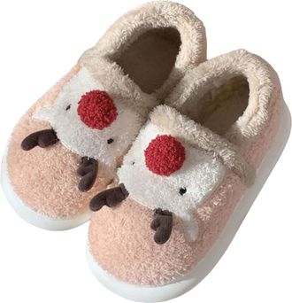 Generic Christmas Slippers for Women, Cute Elk Plush Slip On Cotton House Shoes Warm Indoor Winter Slipper Soft Sole Non Slip Comfortable Cartoon Home Slides 