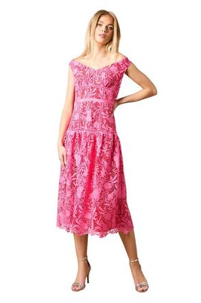 Oasis Floral Lace Off The Shoulder Midi Dress in Pink at Nordstrom, Size 10