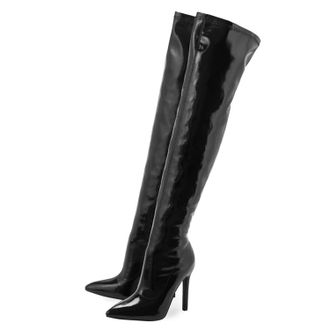 Generic Black,4.5 UK,Womens Patent Leather PU Thigh High Boots Pointy Toe Side Zippe Fashion Comfy Stiletto High Heel Over The Knee Boot Fall Winter Dress Sho