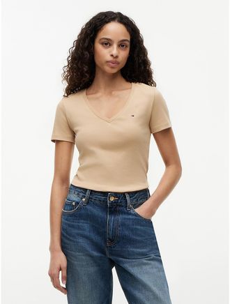 Tommy Hilfiger Womens V-Neck Favorite T-Shirt - Beige - XXL