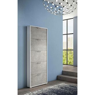 Dmora Zapatero Dgratto, Mueble De Entrada Polivalente Con 5 Puertas Abatibles, Zapatero Moderno, 100% Made In Italy, 67x18h184 Cm, Cemento Y Blanco - Dmora