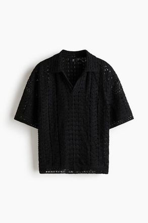 H&M Relaxed Fit Crochet-look Polo Shirt in Black at Nordstrom, Size Xx-Large