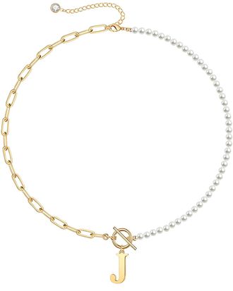 Rachel Glauber Rg 14K Gold Plated Initial Pearl Link Chain Necklace