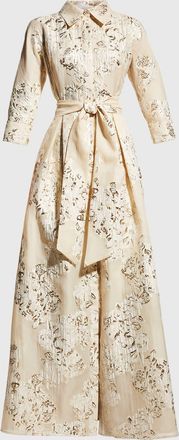 Teri Jon Belted Jacquard Shirtdress Gown