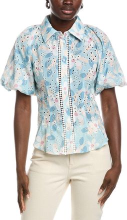 Gracia Floral Print Eyelet Puff Sleeve Button Down Shirt