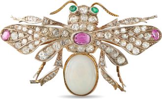 Luxury Bazaar 14K Yellow Gold and Silver 3.0ct Diamond, Opal, and Ruby Bee Brooch MF08-080426