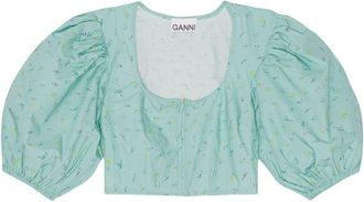 Ganni puff-sleeve cropped blouse - women - Organic Cotton - 34 - Blue