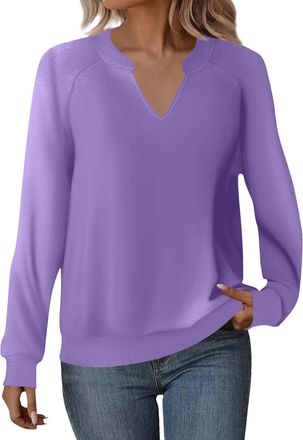 Generic Lightweight Sweatshirts for Women V Neck Basic Plain Long Sleeve Tops Casual Loose Fit Autumn Pullover(Purple, XXXL)