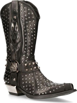 New Rock Black Leather Studded Cowboy Boots- M-7928-S1