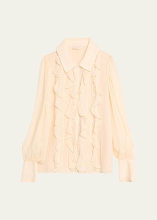 Ramy Brook Claire Ruffle Blouson-Sleeve Silk Blouse
