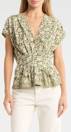 Max Studio V-Neck Short Sleeve Pleated Top in Sage Summer Shilhouette at Nordstrom Rack, Size X-Large
