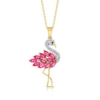 Ross-Simons Pink Topaz and. White Zircon Flamingo Pendant Necklace With Black Spinel Accent in 18kt Gold Over Sterling