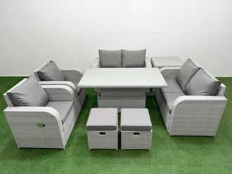 Fimous 8 Seater Outdoor Reclining Chair Love Sofa Set Rattan Garden Furniture Set w/ Adjustable Lifting Dining or Coffee Table 2 Stools Side Table