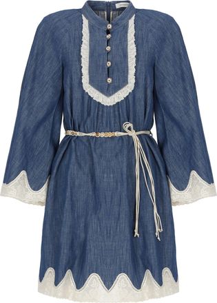 Zimmermann Denim Mini Dress with Scalloped Lace Detailing