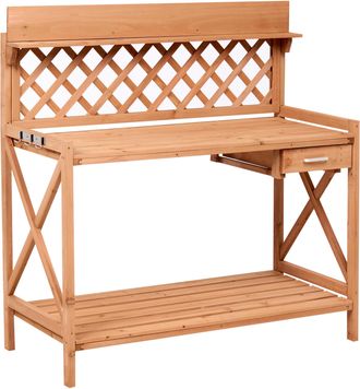 Beliani Mesa De Jardiner&iacute;a Estilo R&uacute;stico Con Un Caj&oacute;n Y Ganchos De Acero De Madera De Abeto Almacenaje De Jard&iacute;n Marr&oacute;n Claro Sperlinga