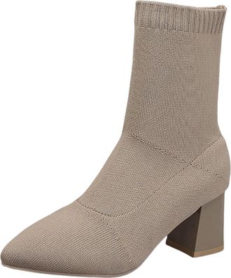 Generic Stylish Women High Heeled Knit Ankle Boots Pointed Toe Stiletto Dress Shoes For Autumn Winter Seasonal Fashion Footwear (Grey, 6.5)