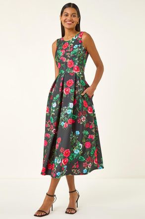 Roman Floral Print Premium Stretch Midi Dress