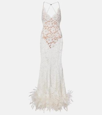 Self Portrait Open-back sheer feather-trimmed lace gown
