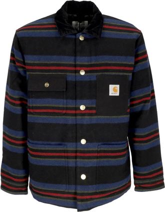 Carhartt Work in Progress Gestreepte werkjas met fluwelen kraag - Heren - Zomerjassen - Zwart - S - Wol - Jassen