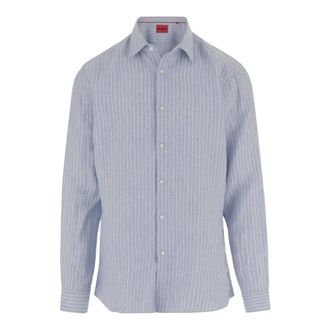 HUGO BOSS Hugo, Casual Shirts, male, Blue, Size: M Linen Shirt With Striped Pattern