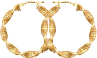 Jewelco London 9ct Gold Greek Key Ribbon Twist 4mm Hoop Earrings 32mm - JER787B