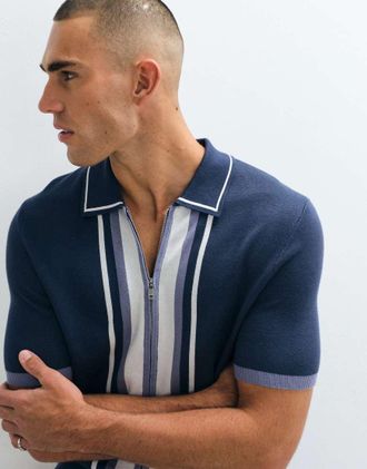 B&eacute;lier Polo in maglia blu navy con pannelli e zip