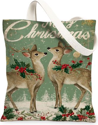 Generic Christmas Deer Canvas Tote Bags, Holiday Wildlife Reusable Grocery Bags, Vintage Lightweight Washable Shoulder Strap Canvas, Green, 13x15 Inch