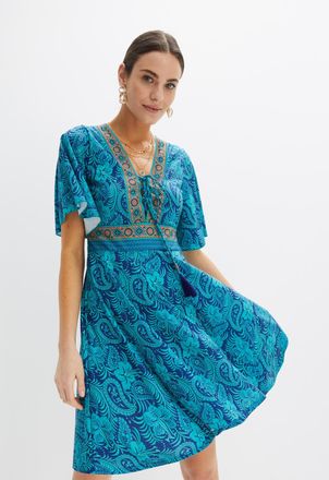 Bonprix Jerseykleid BONPRIX, Damen, Gr. 52/54 (XXL), N-Gr, t&uuml;rkis paisley, Jersey, Obermaterial: 95% Polyester, 5% Elasthan, ausgestellt, Kleider Jerseykleid,