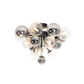 QAZQA Qazqa - Art D&eacute;co Plaf&oacute;n Negro Con Cristal Ahumado Y Transparente 10 Luces - Bonnie Vidrio /acero Redonda Adecuado Para Led Max. 10 X 28 Watt