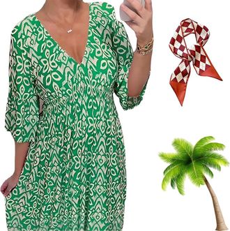 Generic Rightfavour Bohemian Dress, 2025 Summer Bohemian Casual Floral Print V-Neck Waist Wrap Long Dresses for Women Plus Size (Green,3XL)