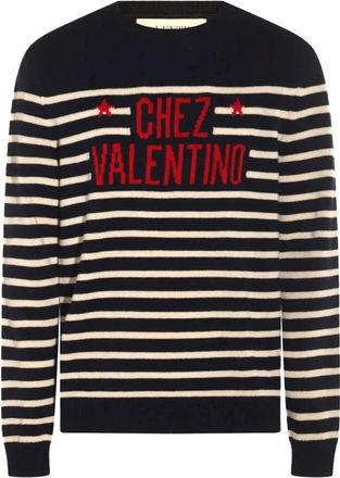 Valentino Garavani Chez Motif Sweater - Heren - Ronde hals truien - Blauw - XL - Wol - Truien & Vesten