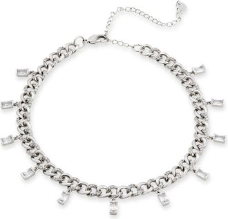 Savvy Cie Jewels RHODIUM PLATED CURB CHAIN FRINGE WHITE CZ NECKLACE