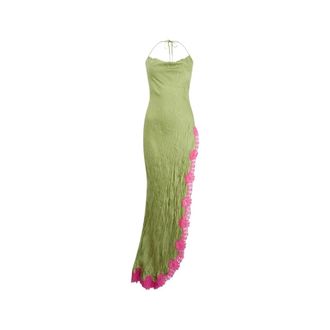 Roberto Cavalli Gowns, female, Green, Size: XS Long Silk Dress with Lace Detail
