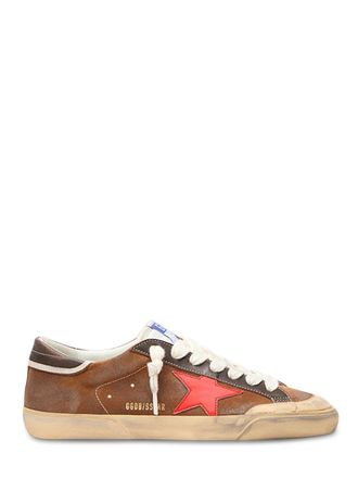 Golden Goose Distressed Brown Leather Sneakers with Red Star Accent