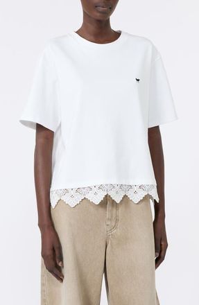 Max Mara Sala Lace Hem Cotton T-Shirt in White at Nordstrom, Size X-Large