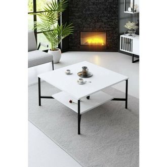 Dmora Mesa De Caf&eacute; Alshain, Mesa De Centro Baja, Revistero Para Sof&aacute;, Estante De La Sala De Estar, 80x80h40 Cm, Blanco Y Negro, Con Embalaje Reforzado - Dmo