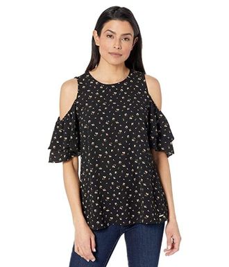 Michael Kors Watercolor Ditsy Top Womens Black Floral Cold Shoulder JDM851