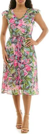 Nina Leonard V-Neck Sleeveless Fit & Flare Dress in Pink Multi at Nordstrom Rack, Size X-Large