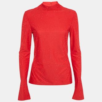 Ferragamo Red Stud Embellished Jersey Long Sleeve Top