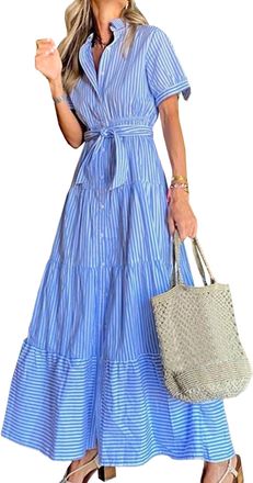 Generic Womens Summer Dress Casual Striped Maxi Dress Short Sleeve Button Down Tie Belt Waist Flowy Long Dresses Blue