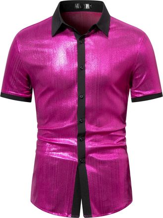 Generic Glitter Shirt Mens Short Sleeve Shirts with Sequins Shiny Shirt Mens Slim Fit Stylish Button Down Shirts Carnival Party Shirt 70s Disco Party Costume 